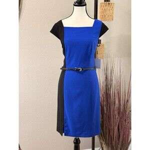 Calvin Klein Dress Blue & Black Lined Cap Sleeve Sheath Size 8 NWT
